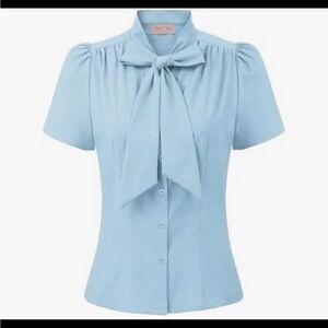 NWT (S) Elegant Light Blue Women's Top With Bow Belle Poque Cute Casual Pretty